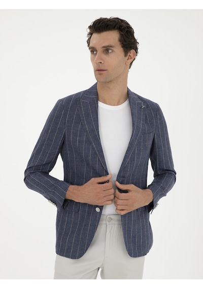 Cacharel İndigo Slim Fit %100 Keten Ceket Mavi