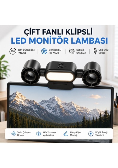 Polham Çift Fanlı Klipsli Led Monitör Lambası 360 Dönebilen Fan, 5 Kademe Hız, Sessiz Çalışma, Usb