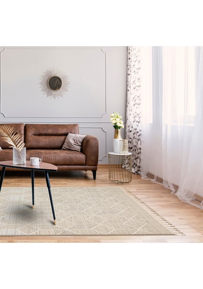 Loft Lf03 Geometrik Desenli Bej Modern Salon Halısı Hav Toz Vermez