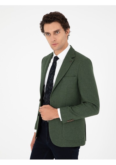 Cacharel Haki Slim Fit Yün Karışımlı Balıksırtı Spor Ceket Yesıl