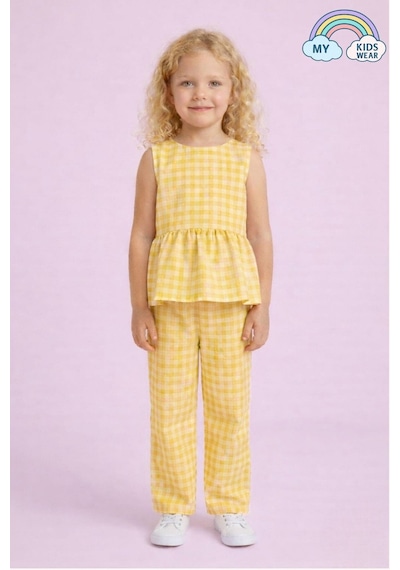 My Kids Wear Kız Çocuk Pötikareli Peplum Bluz Ve Pantolon Takımı 12690 Sarı