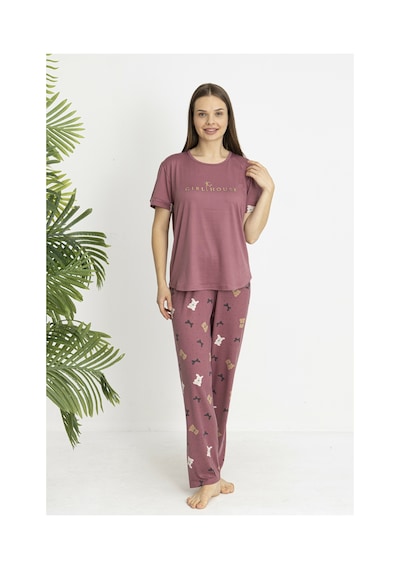 Estiva Kadın Ayıcık Alt Desenli Kısa Kollu Soft Pijama Takımı Pudra