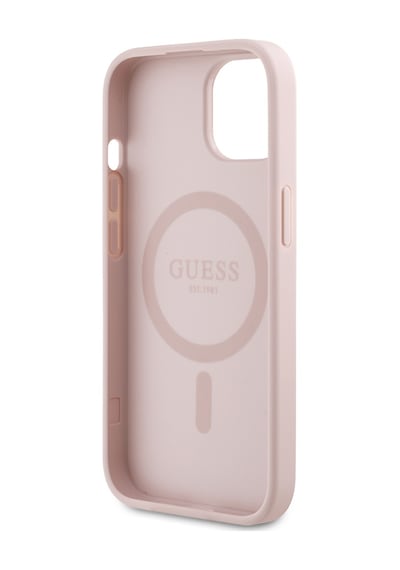 Apple Uyumlu iPhone 15 Kılıf Guess Lisanslı M-safe Özellikli Taneli Çiçek Tasarımlı Metal Yazı Logolu Kapak Pembe