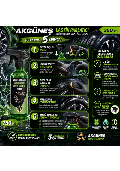 Akgüneş Motogaraj Lastik Parlatıcı Uv Korumalı, Kayma Yapmayan Profesyonel Lastik Bakım Ürünü 250ml
