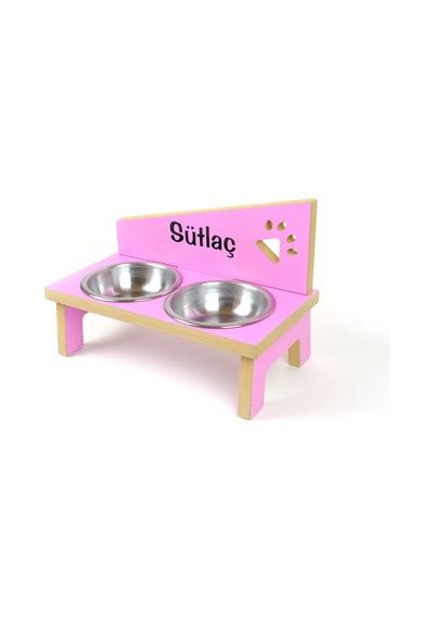 Ahşap Çelik Kâseli Özel Isim Baskılı Kedi- Küçük Irk Köpek Mama Ve Su Kabı-pembe-2 350 Ml.