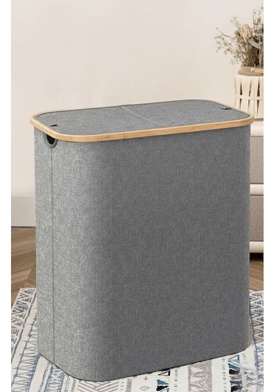 Bambu Çerçeveli 150 Litre Kapaklı Katlanabilir Çamaşır Sepeti, 2 Bölmeli Kirli Sepeti 70 X 57 X 37 Gri
