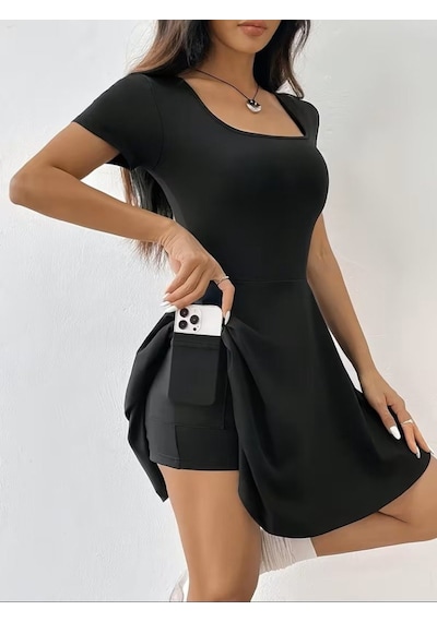 Efnaz Style Kadın Kısa Kollu Kare Yakalı Cep Detaylı Dalgıç Elbise Tulum Siyah
