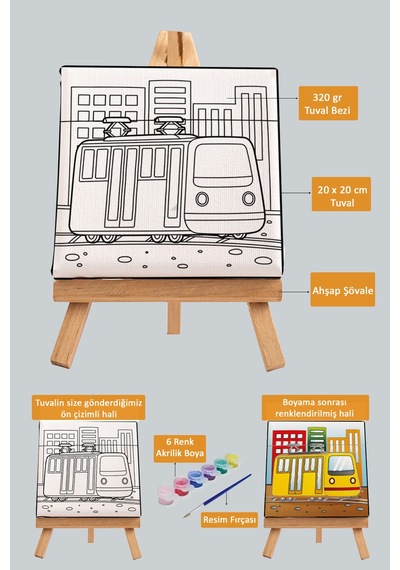 Sevimli Sarı Tramvay Çocuk Eğitici Tuval Boyama Hobi Seti