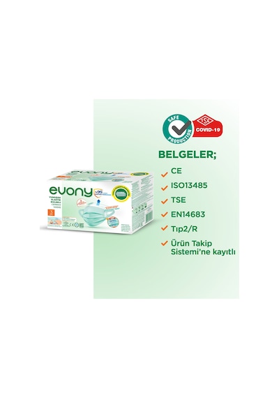 Evony Yumuşak Elastik Kulaklı Tekli Paketlenmiş Cerrahi Maske 200