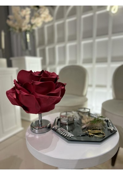 Dekor Yapay Eva Çiçeği Kablosuz Masa Lambası Üst Bordo-alt Gümüş 9v Pil 75-90 Saat