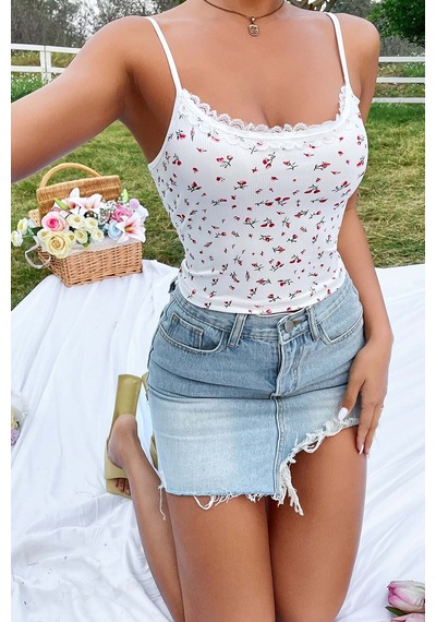 Merry See Çiçek Desenli Askılı Atlet Bluz Crop Top Çok Renkli