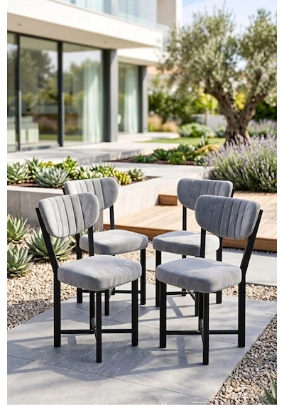 Sandalye 4 Adet Baby Face Kumaş Metal Ayak Modern Mutfak Sandalyesi Cafe Balkon Ofis Elma Gri