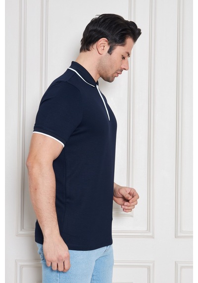 Erkek Jeuss Oysho Kumaş Fermuarlı Yakalı Lacivert Tshirt