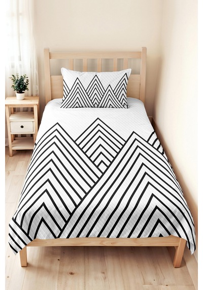 Siyah Geometrik Genç Odası Tek Kişilik Pike Takımı - Modern Çizgili 160x220 Cm Kapitone Yatak Örtüsü Mumlu Başak Masalı