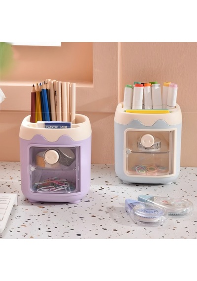 Sevimli Masaüstü Kalemlik Kawaii Kapaklı Mini Dolaplı Kalemlik - Mor Mor