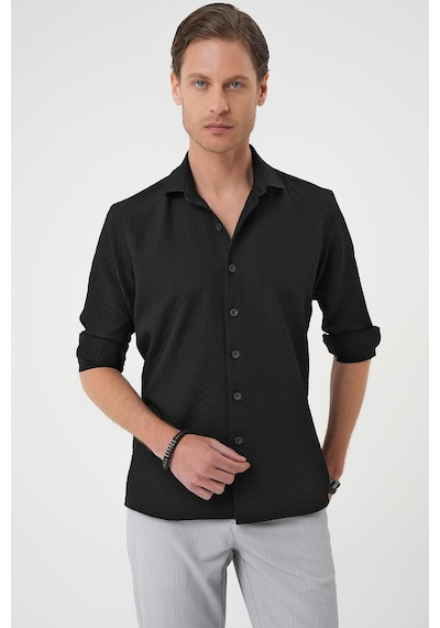Efor Slim Fit Gofre Kumaş Desenli Kısa Kol Siyah Gömlek G 1592 Siyah