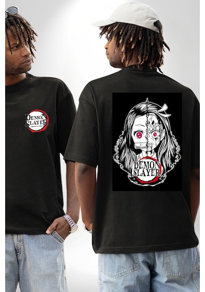 Anime Demon Slayer Siyah Oversize Unisex Ön Ve Sırt Baskılı Tişört Siyah