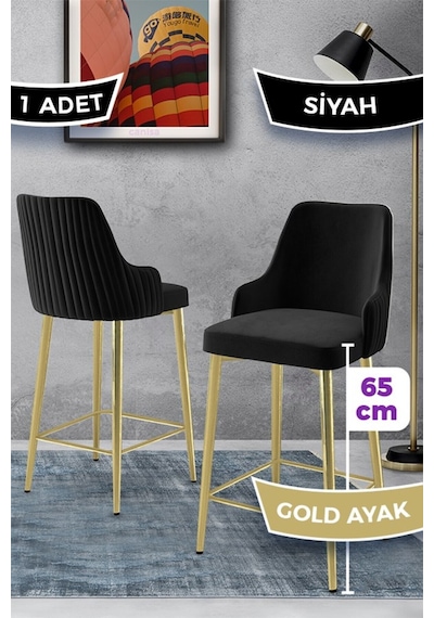 Canisa Tera Serisi 1 Adet Babyface Kumaş 65 Cm Gold Kaplama Ayaklı Siyah Bar Sandalyesi Siyah Sandalye Gold Kaplama Ayak