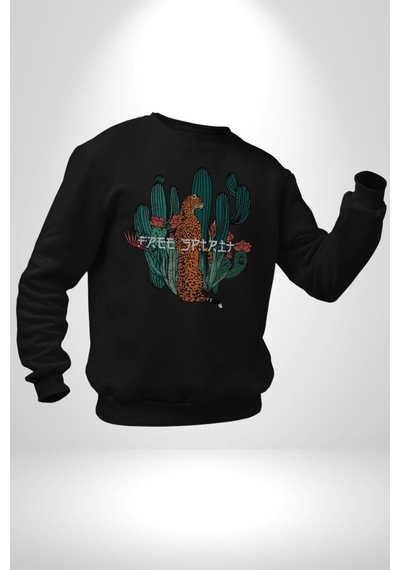 Kaktüs Çita Unisex Siyah Baskılı Sweatshirt Siyah