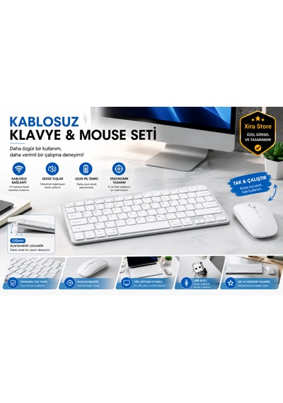 Kablosuz Klavye Mouse Seti Bluetooth Çoklu Cihaz Bağlantılı, Apple iOS Android Windows Macos Uyumlu, Ultra İnce Sessiz Klavye