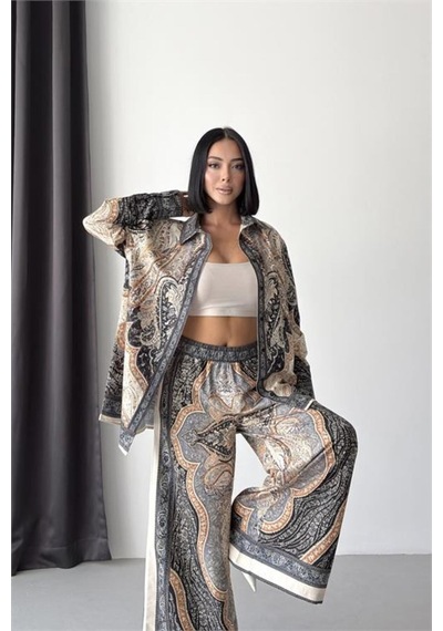 Neşeli Butik Kadın Siyah İthal Kumaş Desenli Gömlek Pantolon İkili Tasarım Takım Nbms26107