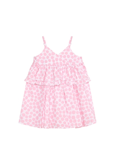 Pembe Puantiye Kız Çocuk Poplin Fırfırlı Askılı Elbise