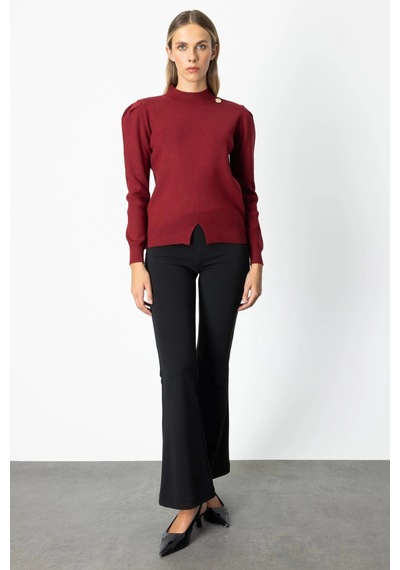 On Fashion Kadın Düğmeli Omuz Detaylı Bordo Kazak 65331 Bordo