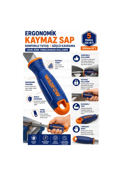 5 Parça Profesyonel Eğe Seti 200 Mm 8" Ergonomik Kaymaz Saplı Sertleştirilmiş Çelik Ahşap Metal Pl