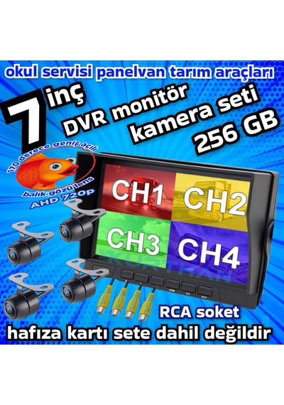 4 Adet Ledsiz Ahd 720p Balık Gözü Lens Kelebek Kamera 7 İnç Qled Hybrid Dvr Monitör 12 Volt 256 Gb