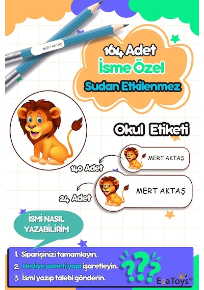 Aslan Temalı Özel İsminiz Yazılı Okul Etiketi Diğer