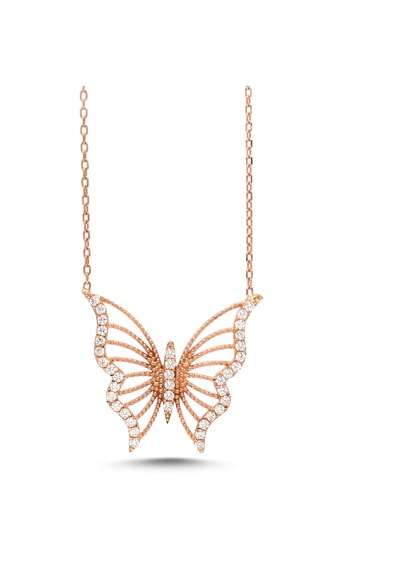 Kadın Kelebek Tasarım 925 Ayar Gümüş Rose Renk Kolye Rose Gold