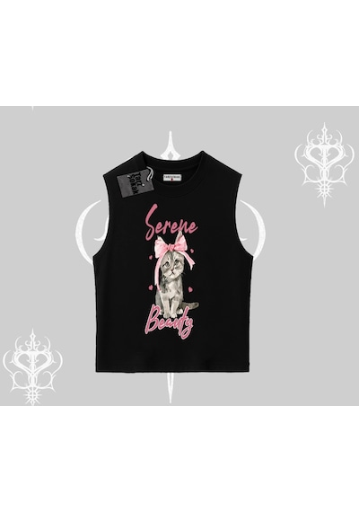 Tarzsokak Serene Beauty Kedi Baskılı Kolsuz Tshirt Siyah