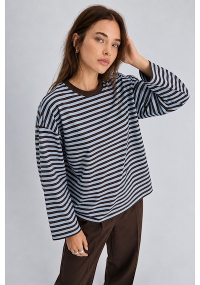 Hiccup Bıpantolon Kadın Oversize Çizgili Bisiklet Yaka Sweatshirt Mavi