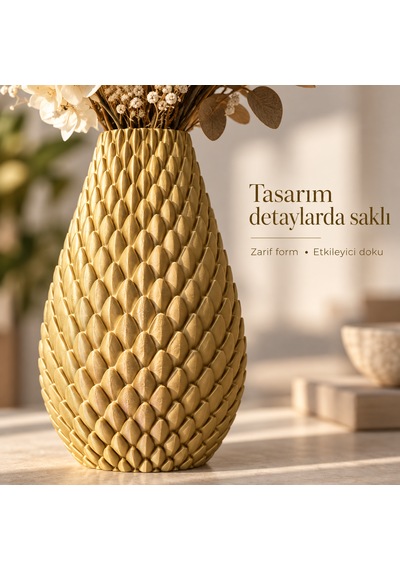 Kabartma Desenli Dekoratif Vazo 20 Cm Modern Tasarım Altın