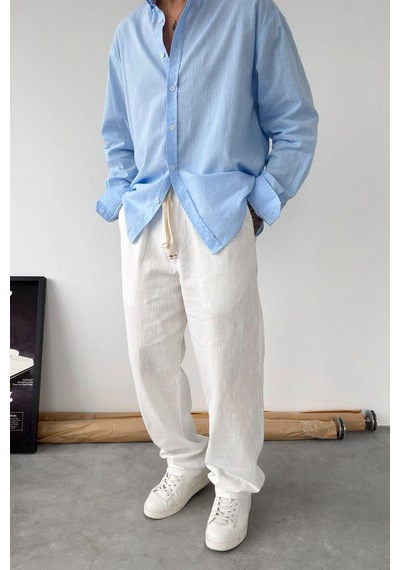 Beyaz Nakışlı Baggy Keten Pantolon Beyaz