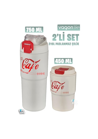 Vagonlife 2'li Çelik Termos-kahve Bardağı Seti 750ml Çift Kullanım Termos//450ml Mug Kahve Bardağı Beyaz