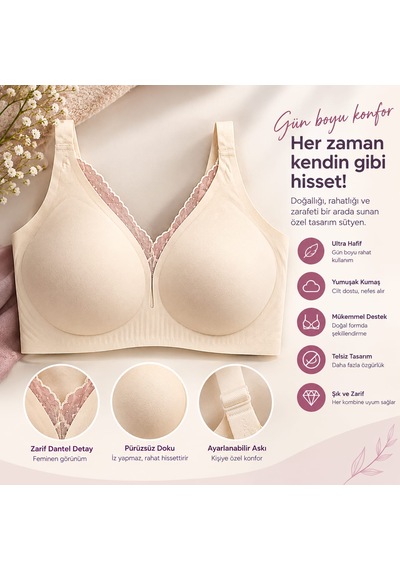 Noctafia Büyük Beden Dikişsiz Tül Detaylı Lazer Sütyen Ekru