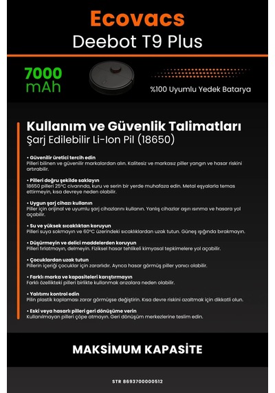 Ecovacs Deebot T9 Plus  7000mah Robot Süpürge Bataryası - Maksimum Kapasite
