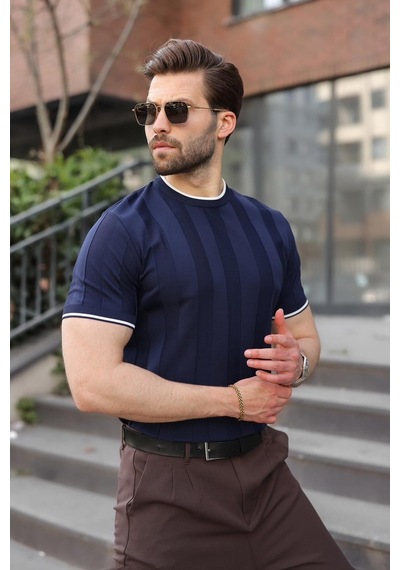 Madmext Lacivert Bisiklet Yaka Regular Fit Triko Erkek Tişört E7487