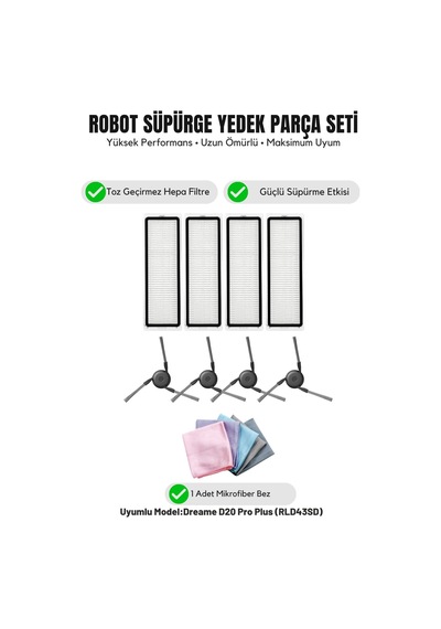 Dreame D20 Pro Plus Rld43sd İle Uyumlu 4 Yan Fırça 4 Filtre 1 Temizlik Bezi 10.0