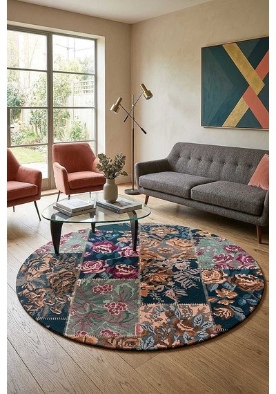 Patchwork Desen Dokuma Pamuk Taban Dijital Dekoratif Yuvarlak Halı Vizon