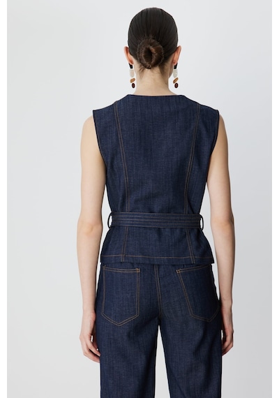On Kadın Beli Kemerli Kapak Cepli Yelek 70903 Indigo