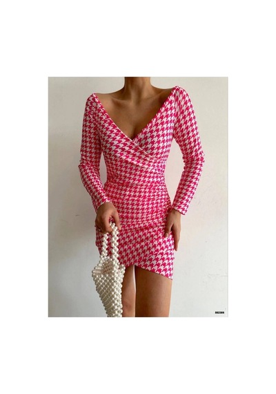 Angbutik Kadın Modern Tasarım V Yaka Standart Kol Elbise Pembe