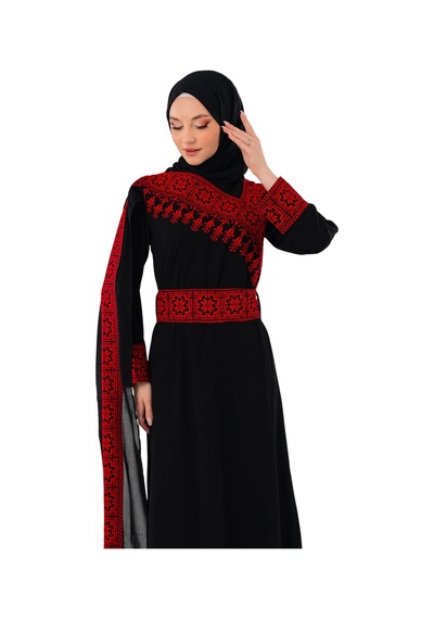 Zaytoon Eğimli Omuz Uzun Ve Açık Kollu Filistin Nakışlı Elbise M-3xl C100050 Siyah
