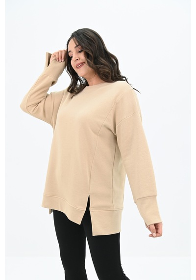Kadın Büyük Beden Oversize Yırtmaç Detaylı Sweatshirt 1865-25 Bej
