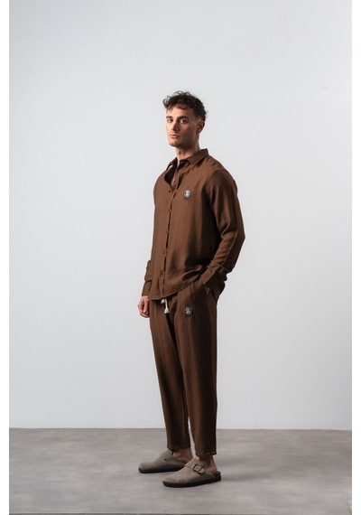 Erkek Keten Oversize Gömlek Pantolon Takım Kahve Kahverengi
