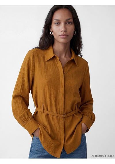 Lcw Everyday Sarı Kemerli Oversize Armürlü Kadın Gömlek Tunik