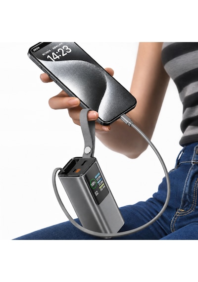 100w Ultra Hızlı Şarj Powerbank 20000 Mah Pd 3.0 Tft Ekranlı Dahili Type-c Kablolu Gri