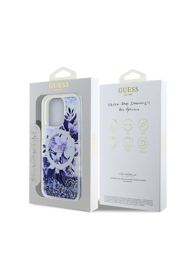 Apple iPhone 16 Pro Uyumlu Kılıf Guess Lisanslı Magsafe Özellikli Sıvılı Simli Çiçek Desenli Mor