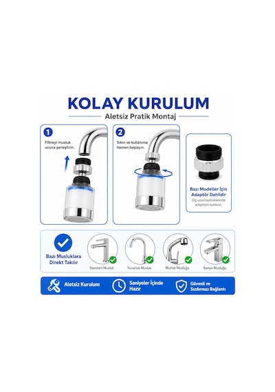 Sogud Filtreli Musluk Başlığı Seti Beyaz - 360 Döner Su Tasarruflu Perlatör Aparatı - Arıtmalı Kireç Önleyici Mutfak Banyo Lavabo Ucu - Krom Kaplama Yüksek Basınçlı Model - 3 Yedek Filtreli